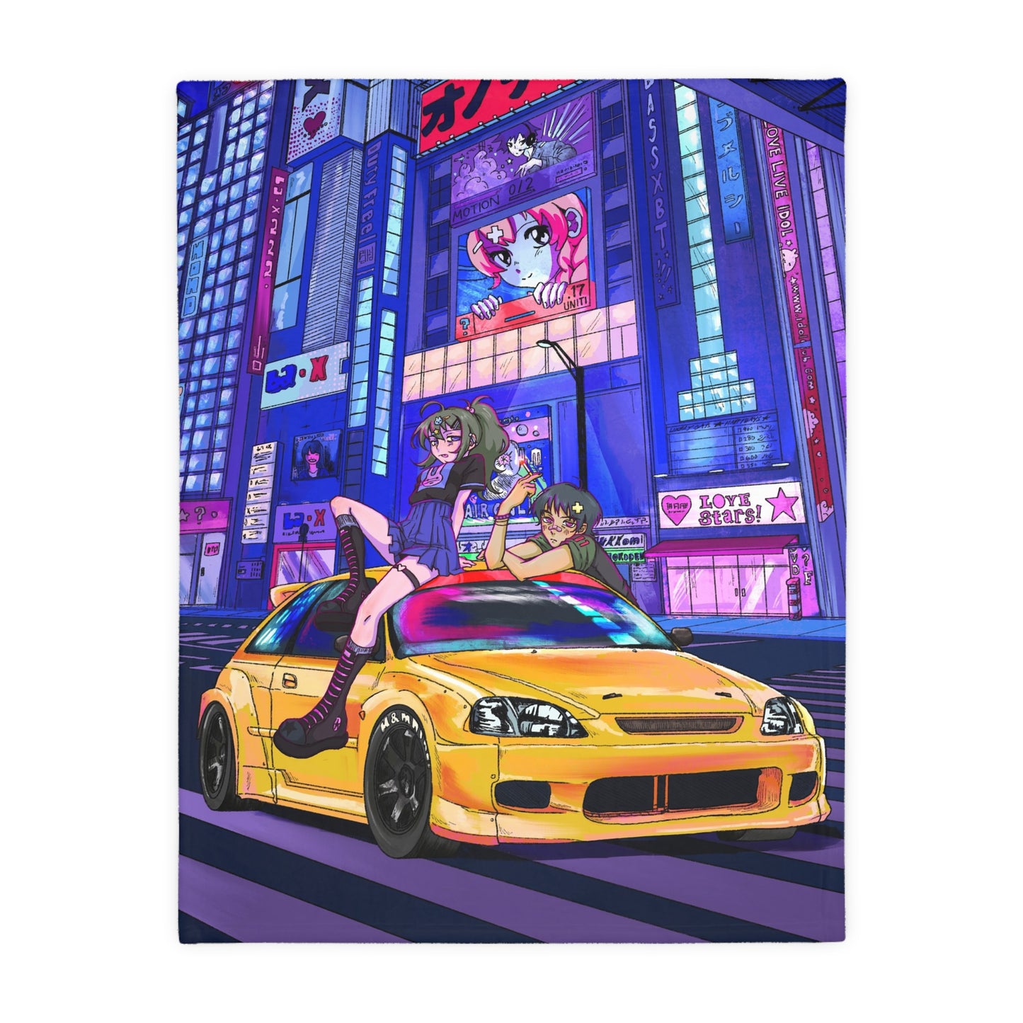 Retro Anime Nightscape Blanket — Neon City Car & Girls Velveteen Throw