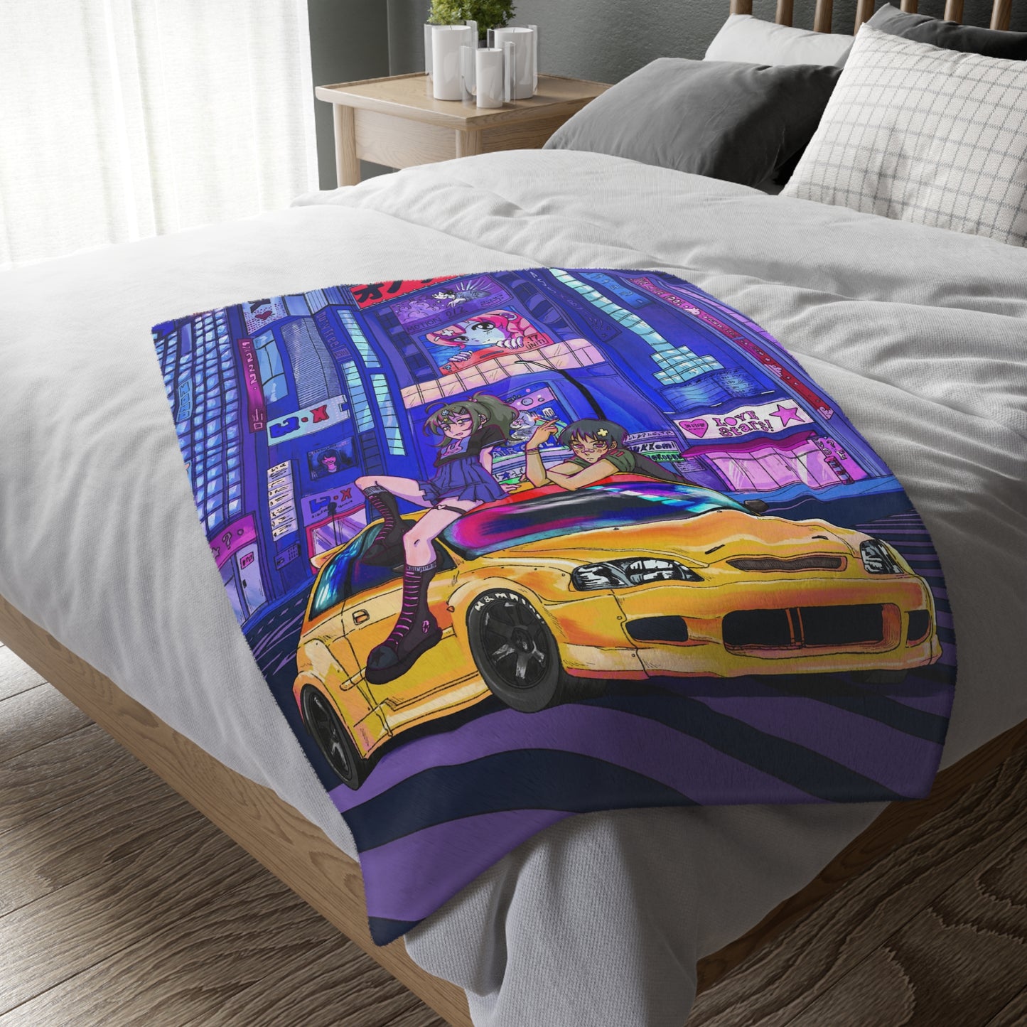 Retro Anime Nightscape Blanket — Neon City Car & Girls Velveteen Throw